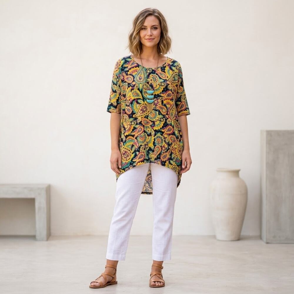 LuLaRoe Irma Paisley Tunic Top Black Yellow Green XL NWT
